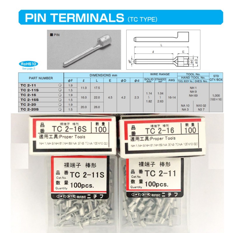 100 cái Đầu Cốt Pin NICHIFU TC2-11, TC2-11S,TC2-16S,TC2-20