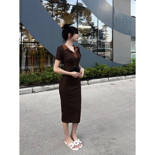 Đầm body sọc cổ bẻ chất thun form ôm 2m