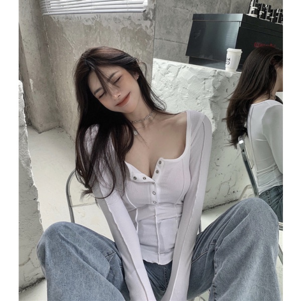 QKOOLE  Áo thun tay dài dáng ôm thời trang Hàn Quốc