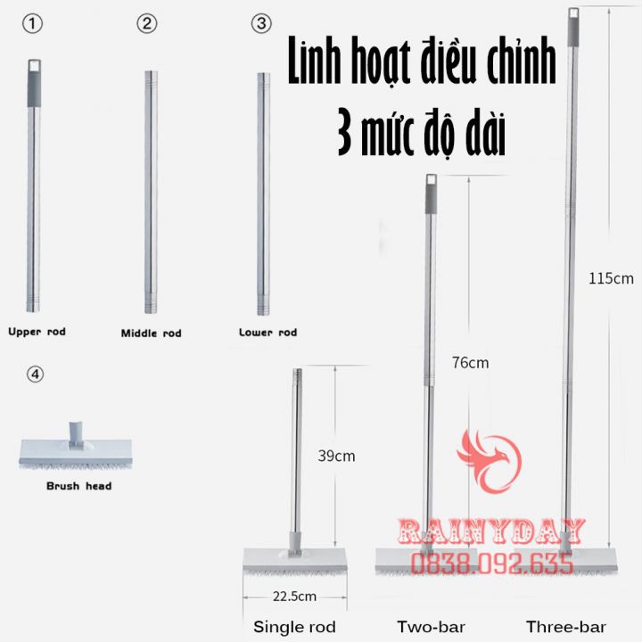 Cây chổi lau quét chà gạt nước sàn nhà thông minh phòng tắm 2 đầu đa năng cán inox 3 mức chiều dài