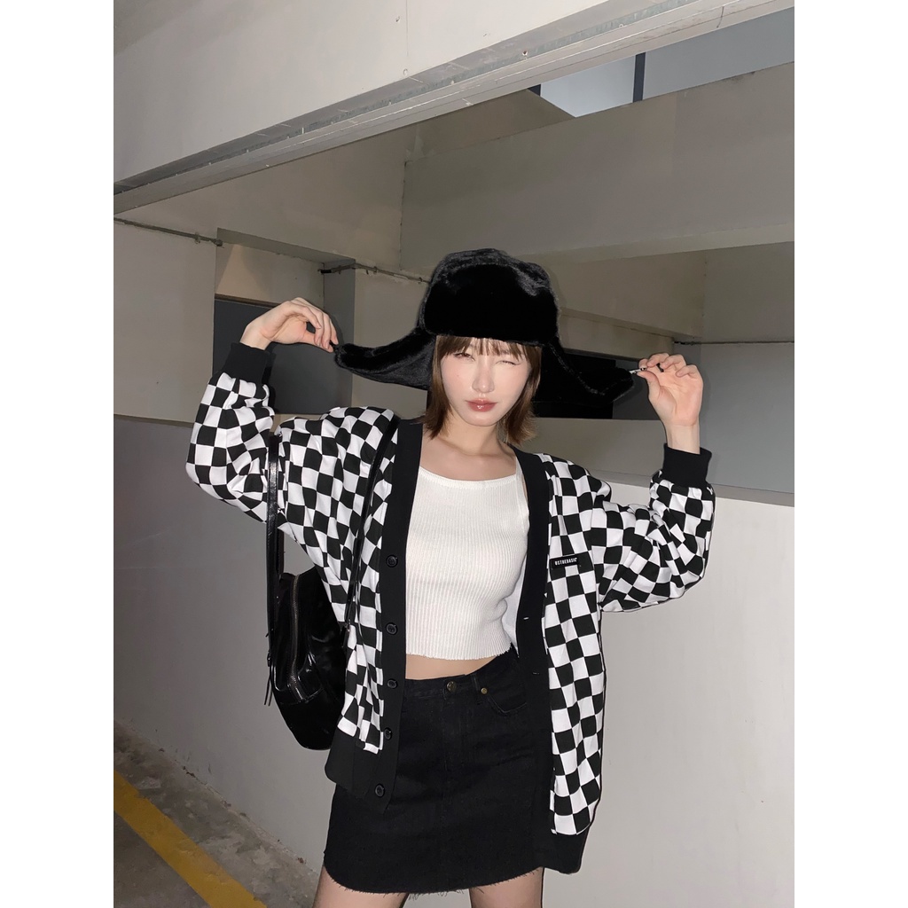 Usthebasic - Áo khoác Checkerboard Fabric Cardigan