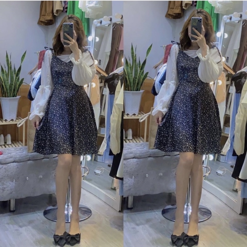 ❤️SET áo voan trắng + yếm hoa nhí đen tiểu thư MeiHome🥰