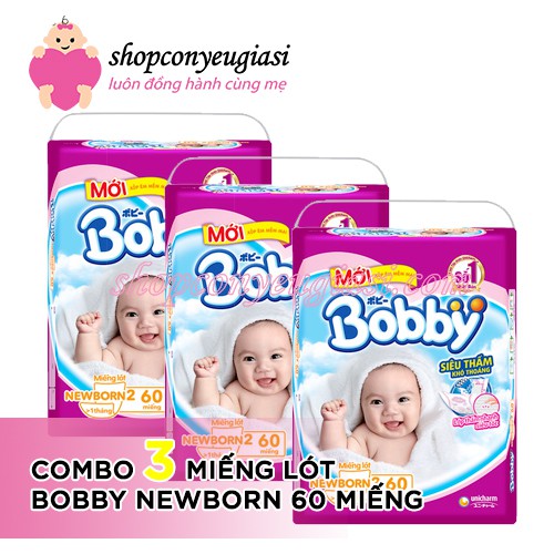 Combo 3 bịch tã lót Bobby NewBorn 2 - 60 Miếng - Tặng Kèm 6 Miếng Tã Quần Bobby Size M