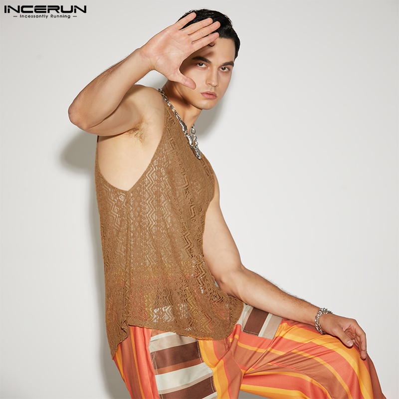 INCERUN Áo Ba Lỗ Nam Phối Ren Hoa Trong Suốt Thời Trang Mùa Hè