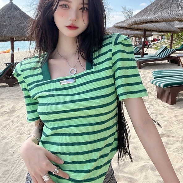 Áo dệt kim ZHELIHANGFEI tay ngắn cổ vuông họa tiết kẻ sọc bắt mắt phong cách trẻ trung cho nữ