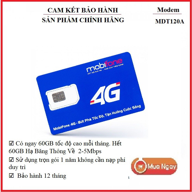 Sim 4G Mobifone MDT120A Tặng 60GB/Tháng Trọn Gói 1 Năm ( Không Chia Theo Ngày)