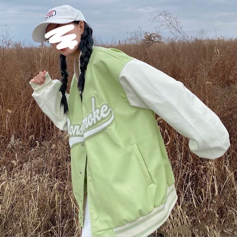 Áo Khoác Bóng Chày Dáng Rộng Màu Trắng Xanh Lá Phong Cách Cổ Điển Thời Trang Cho Nữ