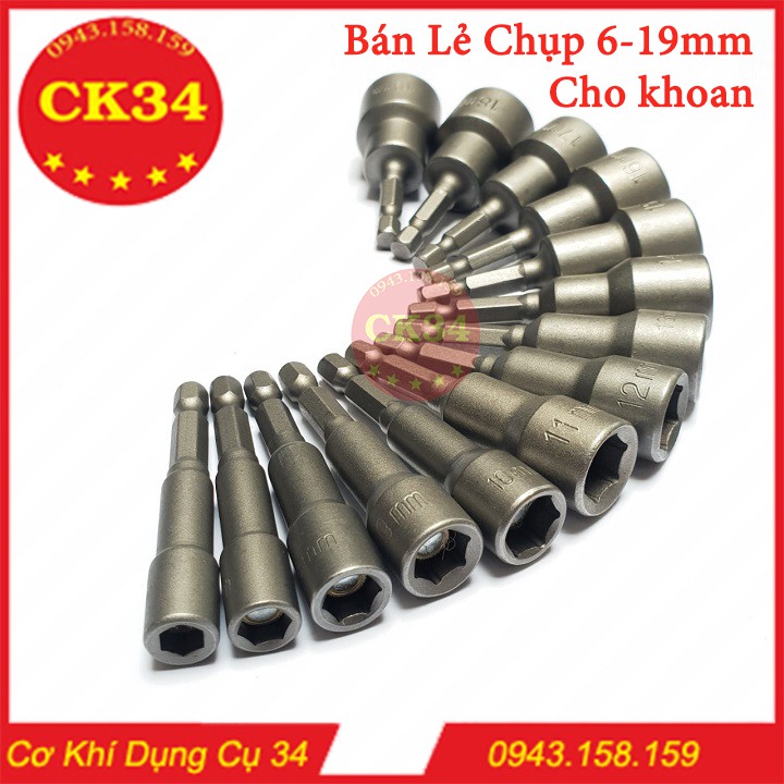 Bộ chụp bulong, vặn ốc bộ vặn khẩu 6-19mm cho khoan bắn vít dài 65mm hàng đài loan