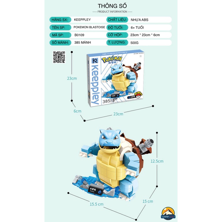 Đồ chơi lắp ghép xếp hình Pokemon rùa nước Blastoise B0109 chính hãng Keeppley