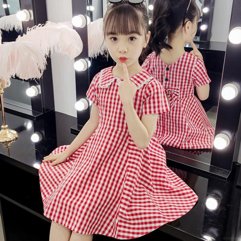 Đầm caro đính nơ sau lưng hở lưng tay ngắn thời trang đáng yêu cho bé gái 3-12t