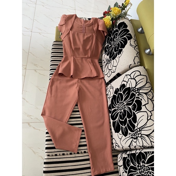 Set quần tây áo peplum màu cam đất