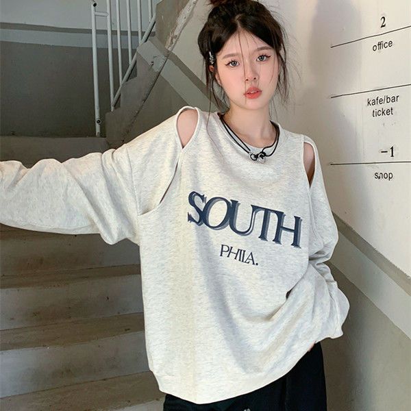 Áo Sweater Cổ Tròn Tay Dài Dáng Rộng In Chữ Phong Cách Mỹ Thời Trang Mùa Thu Cho Nữ