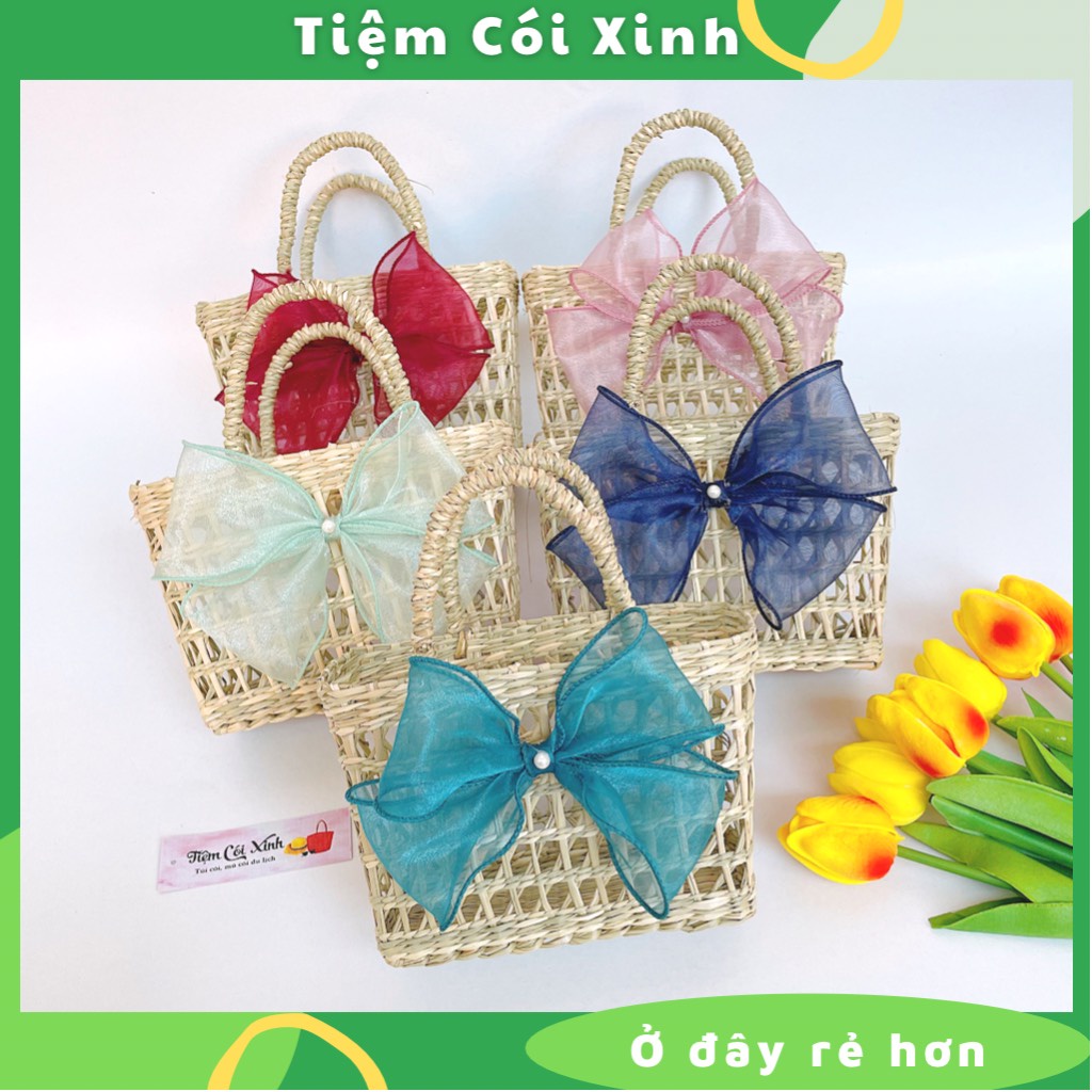 Túi Cói Mini Gắn Nơ Dễ Thương Cho Bé, Làn Đan Mắt Cáo