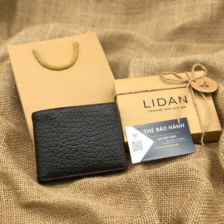 Ví nam da bò thật cao cấp LIDAN, bóp vân voi dáng ngang có hộp vintage kèm thiệp đẹp làm quà tặng LD5