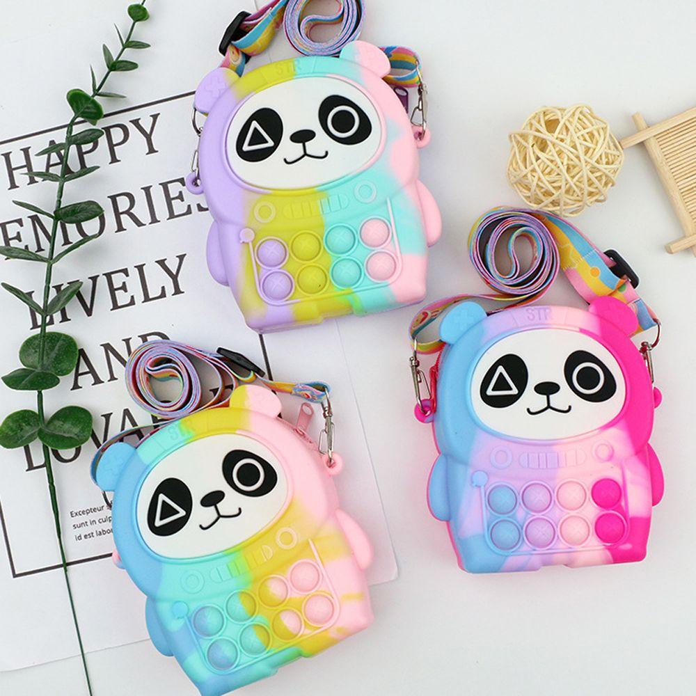 ELEGANT Túi Đeo Chéo Dáng Vuông Họa Tiết Gấu Trúc Màu Cầu Vồng Phong Cách Hàn Quốc