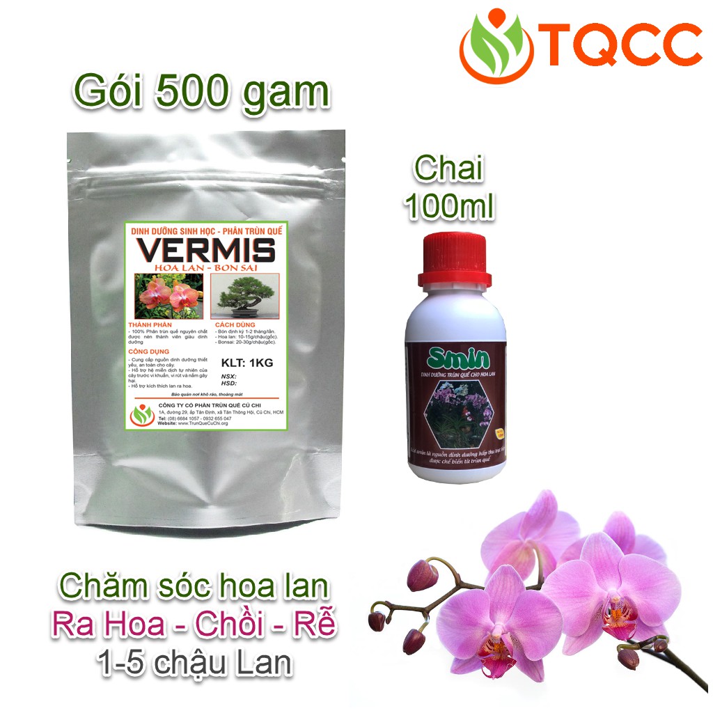 Bộ phân bón sinh học chăm sóc hoa lan ra hoa ra chồi ra rễ từ 1-5 chậu (smin 100ml & vermis 500g)