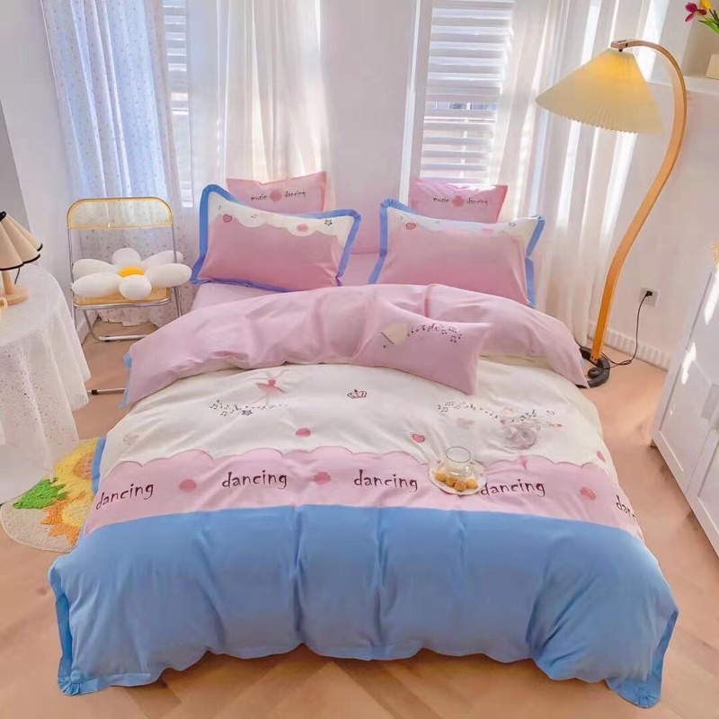 Bộ 4 món ga gối Lụa Satin cao cấp Hồng phối xanh