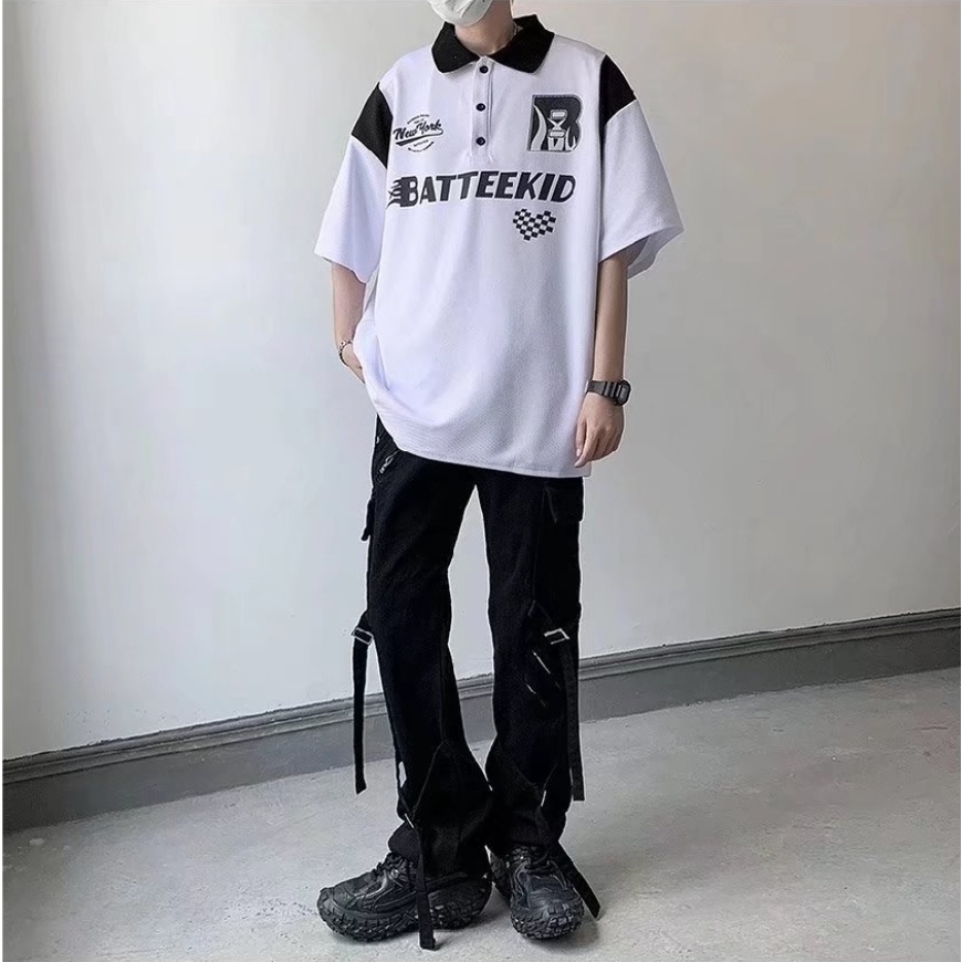 Áo polo Ngắn Tay Dáng Rộng áo polo nam In Chữ áo thun có cổ Đơn Giản áo phông nam có cổ Phong Cách Châu Âu Nam Nữ