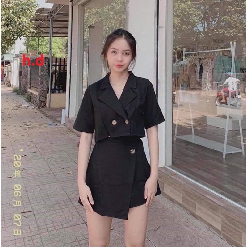 [Mã FAXANH245 giảm 10K đơn 50K] Sét vec đen croptop+chân váy lệch HĐ12