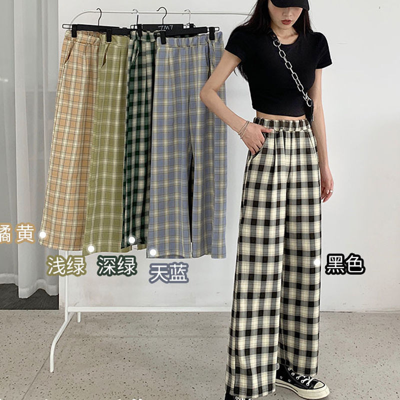 Plaid pants women's summer loose and thin wide-leg pants wild straight casual pants trend