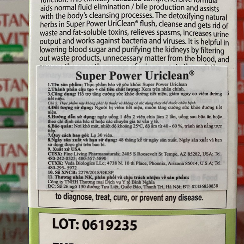 Tán sỏi thận, sỏi mật Super Power UriClean - Thực phẩm bổ thận Lọ 30 viên