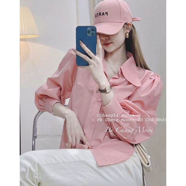 áo sơmi trắng hồng tay phồng cổ nhọn (ảnh thật)