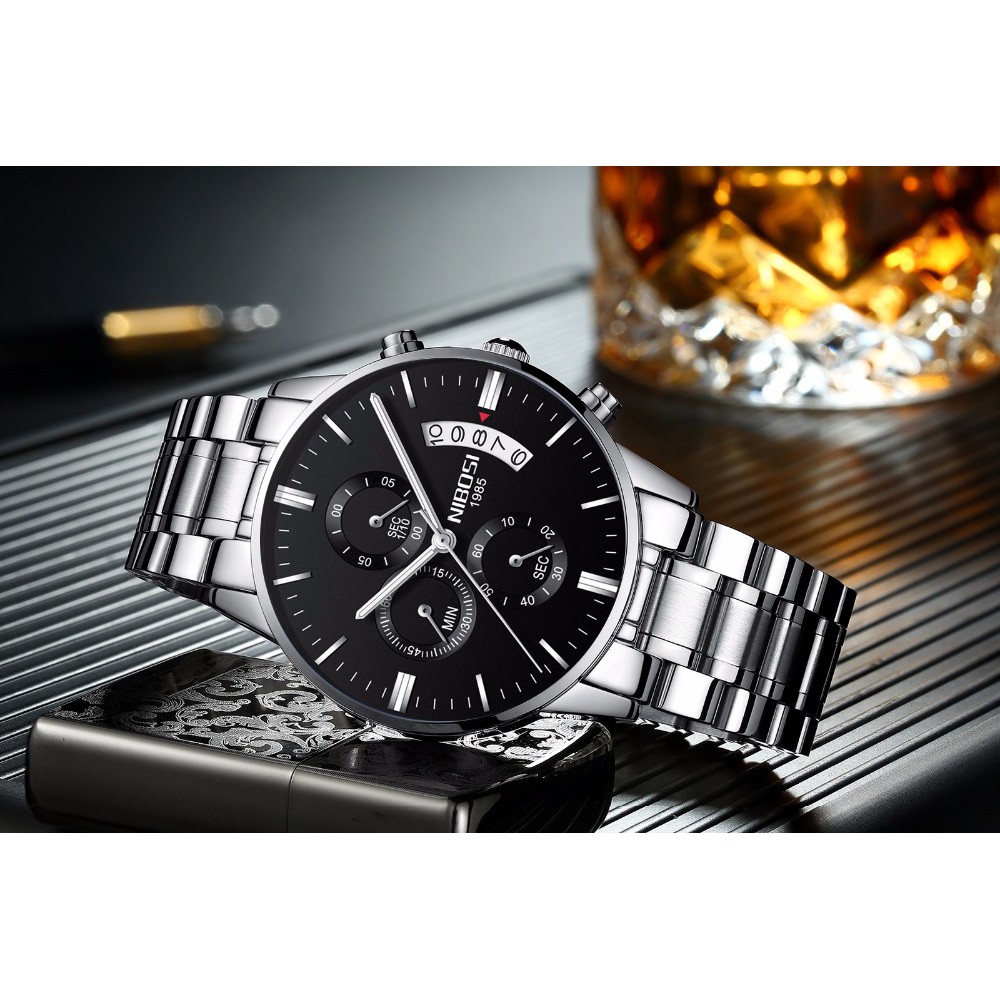 Đồng hồ nam Nibosi 1985 NI2309 thể thao chạy 6 kim - Dây bạc