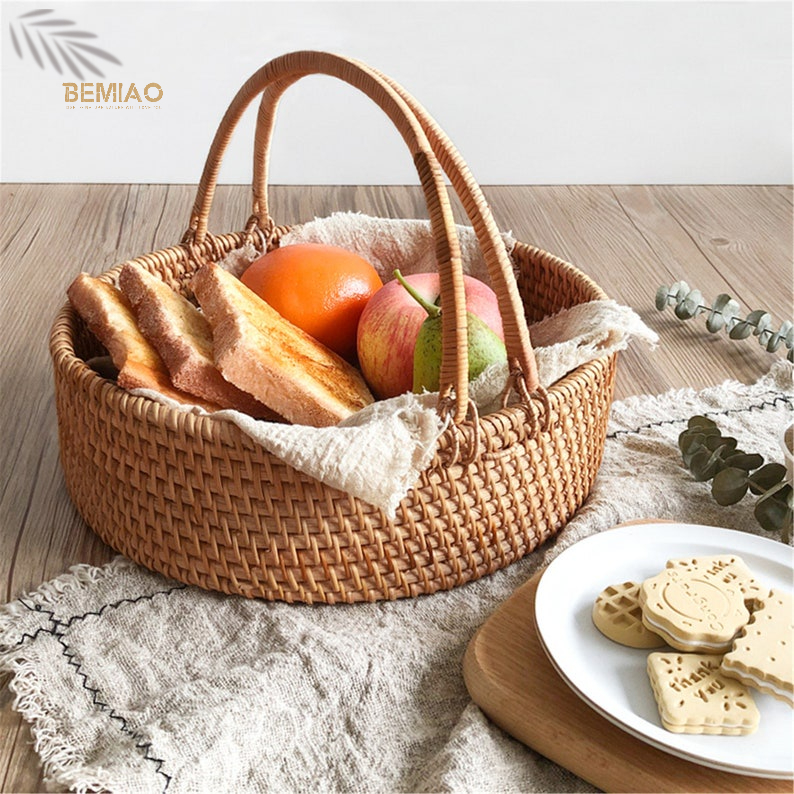 Giỏ mây đựng đồ oval có tay cầm, picnic, đựng đồ đa năng, decor trang trí Bemiao