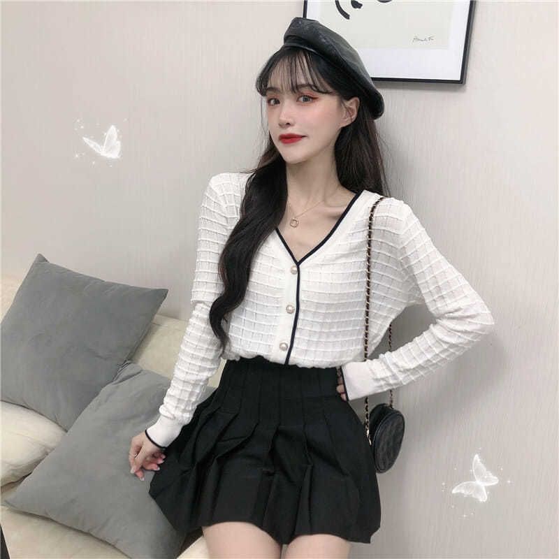 Áo Khoác Cardigan Thun Len Nữ Tay Dài Sọc Gân Thời Trang