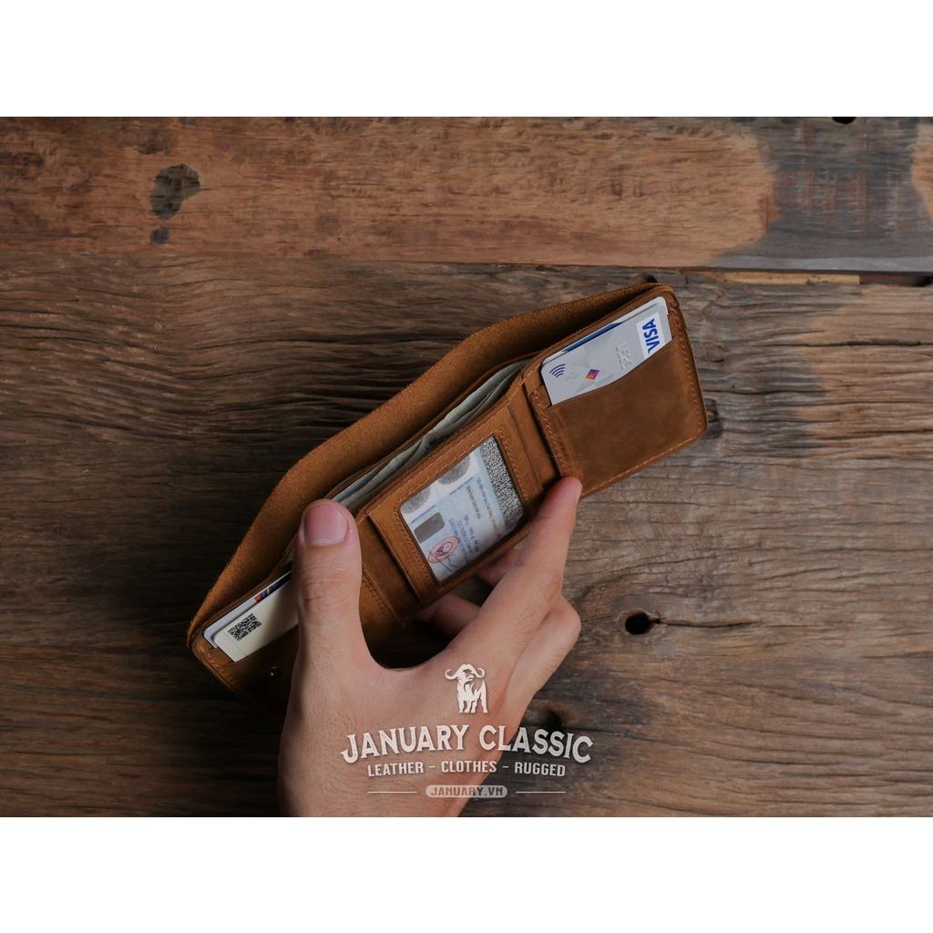Ví Vintage Handmade Da Bò Thật Gập 3 Ngăn Tri Fold- January Classic - Bảo Hành 10 Năm- Đổi Trả Miễn Phí
