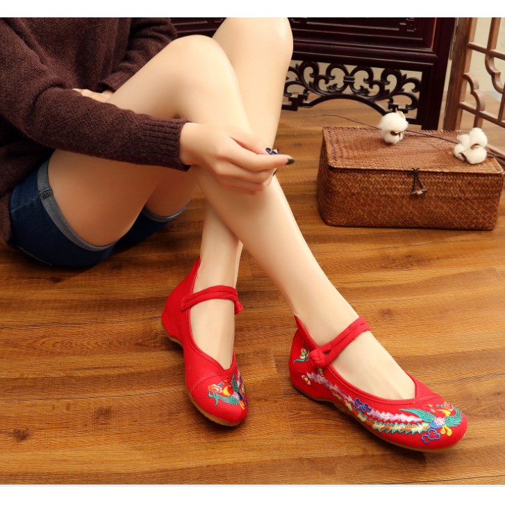 Giày vải thêu cổ trang chim phượng 3cm