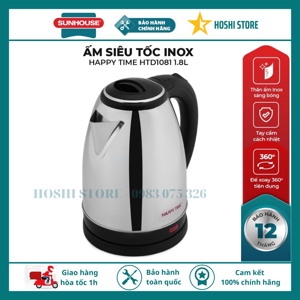 {GIÁ SỐC CHÍNH HÃNG BẢO HÀNH 12 THÁNG} Ấm Siêu Tốc Happy Time 1,8l, Bình Đun Siêu Tốc Inox Cách Nhiệt HTD1081/1088