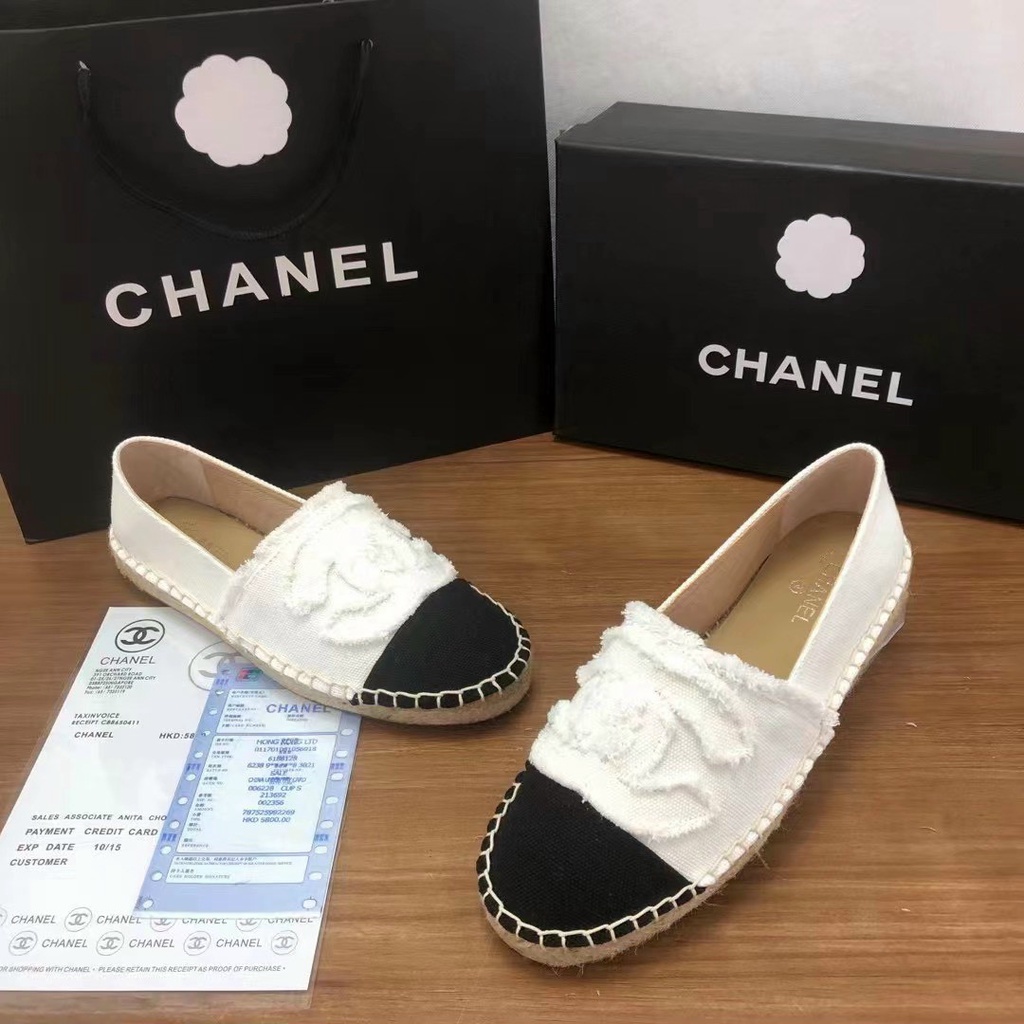 Giày bệt nữ slipon vá mũi đen đế viền cói logo C C mềm êm Full box Hãng cao cấp