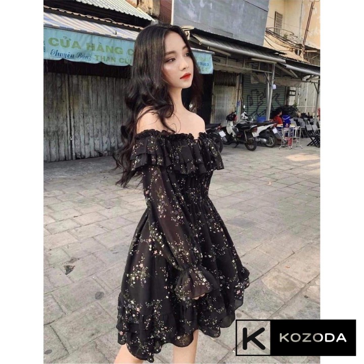 Váy Hoa Nhí Đầm Voan vintage Dáng Dài đẹp trễ vai bèo dài tay chun eo dáng xòe có lớp lót Quảng Châu kozoda d16 | BigBuy360 - bigbuy360.vn