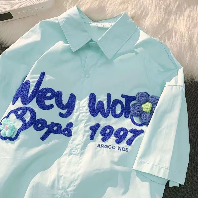 Khuyến Mãi Lớn Áo Sơ Mi Tay Ngắn Dáng Rộng Thêu Hoa Ba Chiều Màu Xanh Bạc Hà Phong Cách Preppy Nhật Bản Mùa Hè Cho Nữ