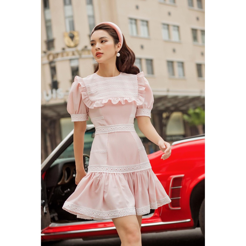 SÒ VINTAGE - SAKURA Đầm cổ tròn phối ren trắng xếp ly | BigBuy360 - bigbuy360.vn