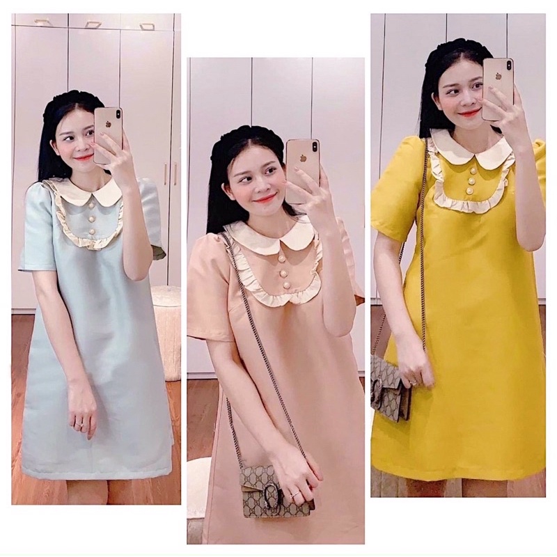 Đầm váy suông cổ sen phối bèo nút ngọc tiểu thư