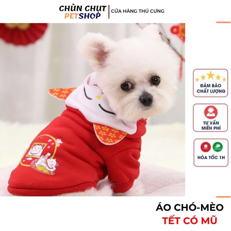 Áo Tết cho Chó Mèo nỉ có mũ hoạ tiết Mèo thần tài - Hoodie cho Chó Mèo Tết