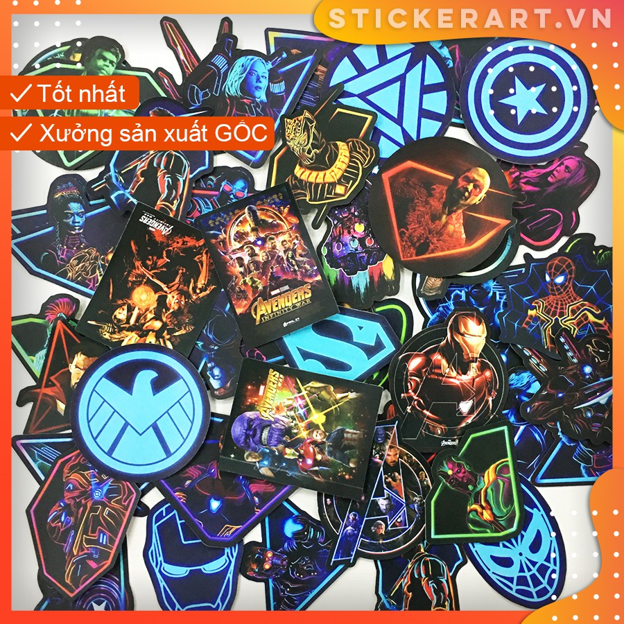 [SIÊU ANH HÙNG MARVEL NEON] 48 Sticker chống nước/trang trí dán xe laptop mũ bảo hiểm vali...