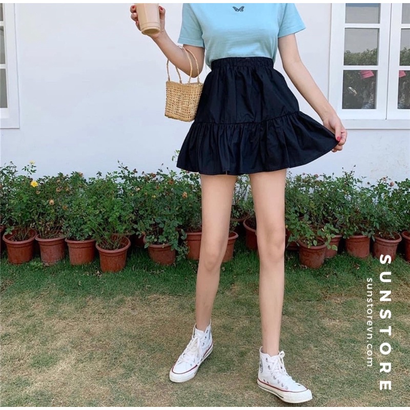 Chân váy ngắn chữ A xếp ly lưng chun co giãn 2 màu đen và trắng