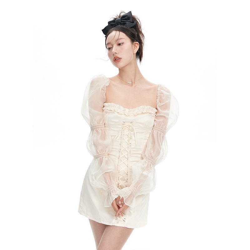Cổ Phiếu Sẵn Sàng❣Ah F &amp; X Đầm Ống Tay Phồng Xuyên Thấu Dáng Ôm Phối Dây Buộc Thời Trang Mùa Hè Quyến Rũ 2022 Dành Cho Bạn Nữ