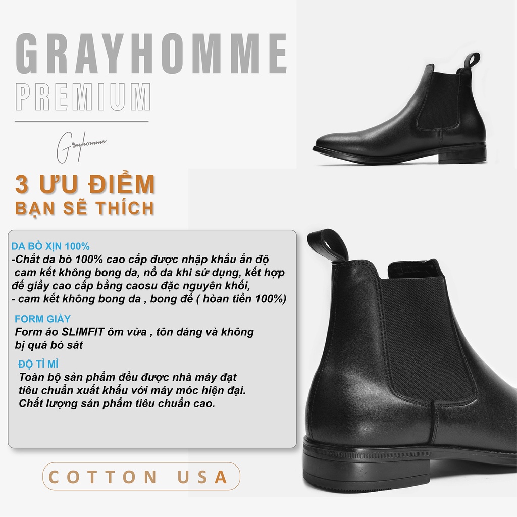 Giày Chelsea Boots Da Bò 100% Nhập Khẩu, Tặng Độn 3cm Cao Cấp Grayhomme Bảo Hành 12 Tháng với bất kì lỗi nào