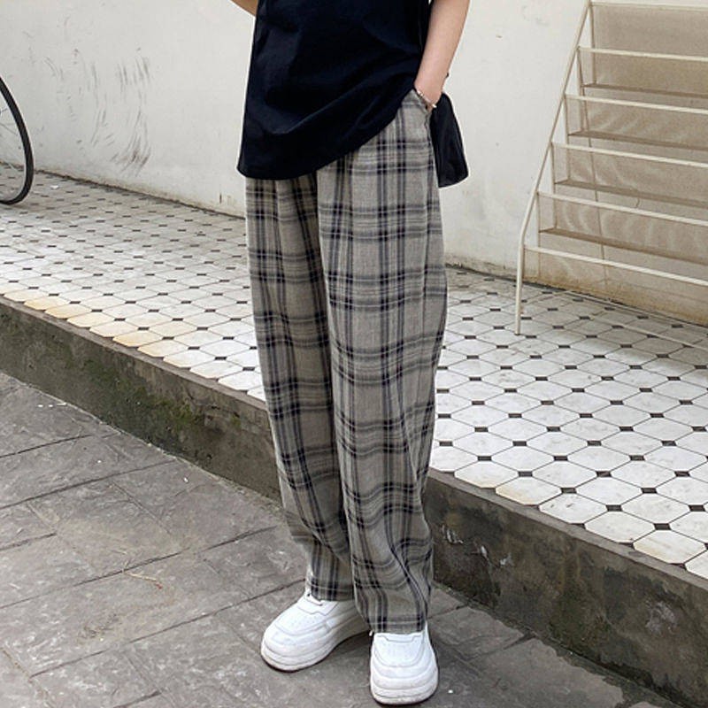  Hong Kong Style Plaid Pants Men's Spring And Summer Thin Loose Casual Straight Pants Men & Women Trendy Pu Handsome Draping Sports Trousers Sportswear summer suit short sleeve shirt suit casual suit trendy suit