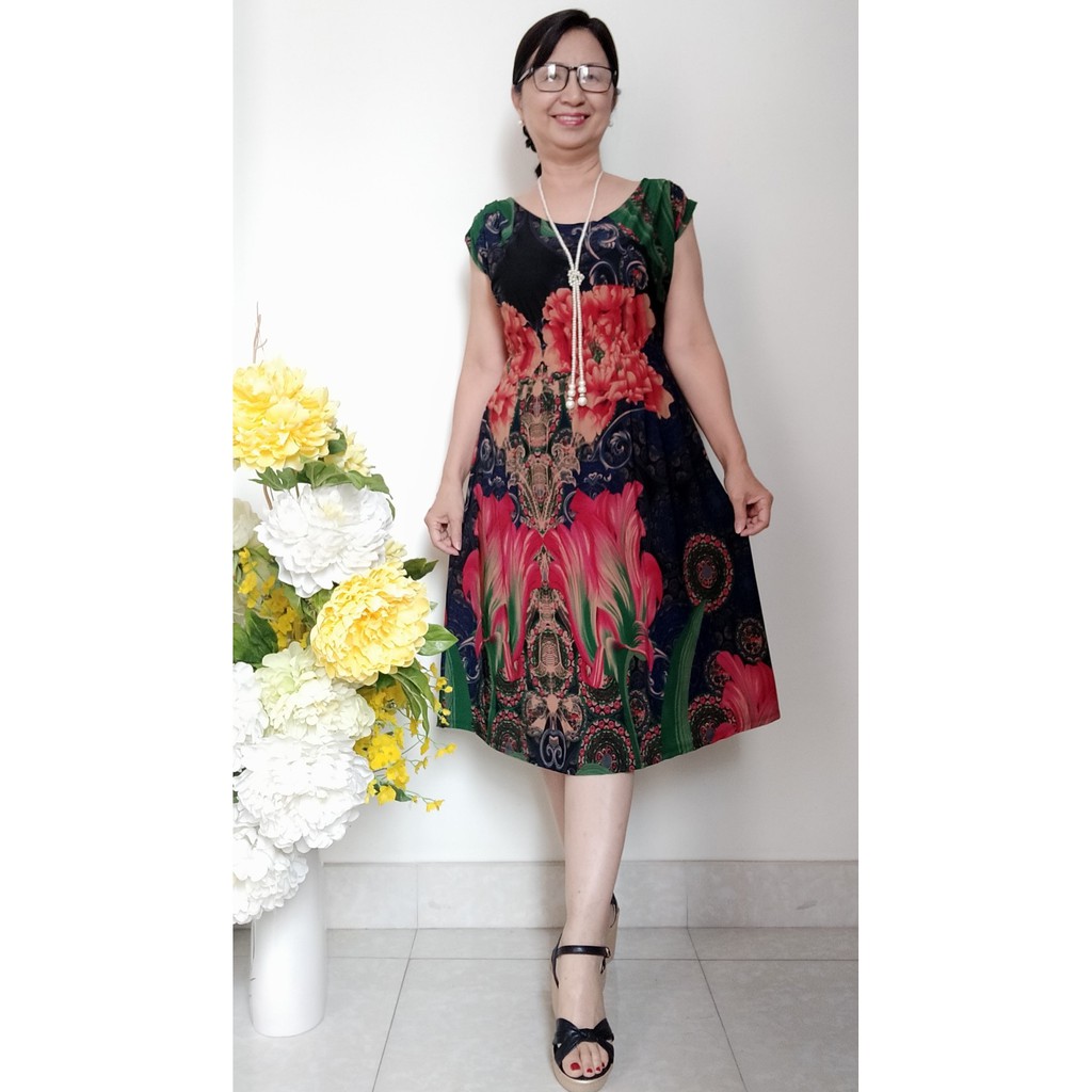 Váy Đầm Trung Niên Thun Eo Hoa Đẹp, Chất vải Thun Aty Chéo Mềm Mỏng, Có Túi, Size từ 48KG - 68KG | BigBuy360 - bigbuy360.vn