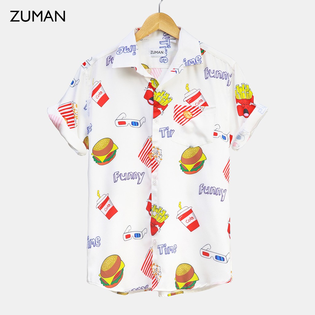 Áo sơ mi hoạ tiết nam tay ngắn Popcorn Shirt ZUMAN ASM145 form suông, chất lụa chéo cao cấp thoáng mát, không nhăn