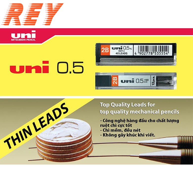 Ruột bút chì kim bấm thương hiệu Uni ngòi 0.5mm độ đậm 2B - UL1405 UL4005 hàng chính hãng