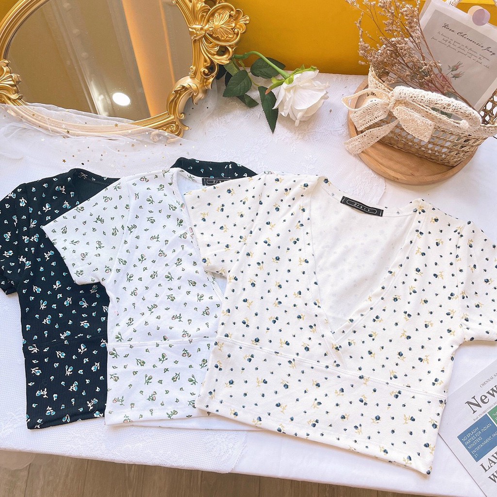 Áo kiểu croptop body in hoa lá kiểu đắp chéo ngực cực xinh , chất thun bozip mềm mịn ( ảnh thật )