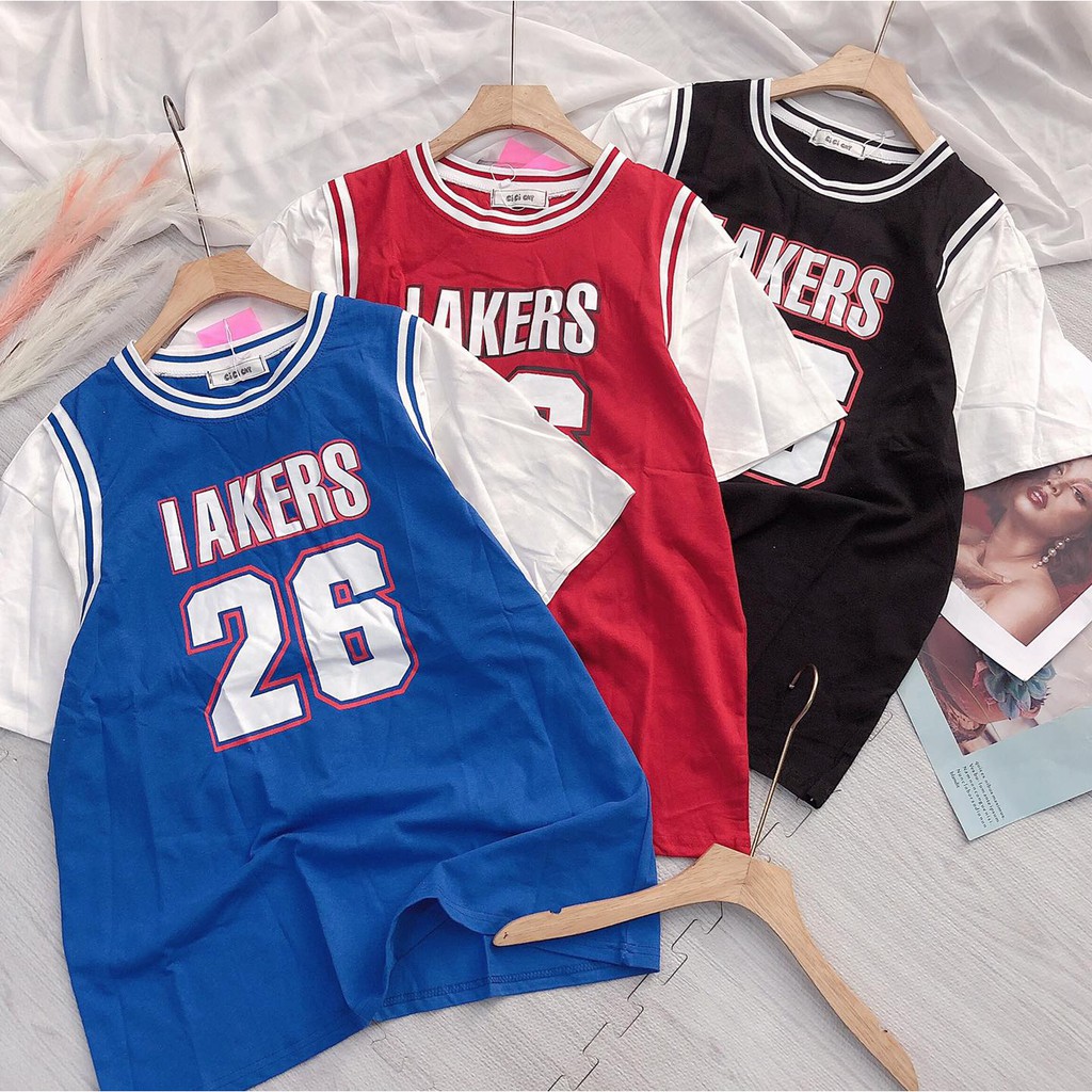 Áo thun tay lỡ nữ thể thao freesize phông form rộng Unisex, mặc lớp, nhóm, cặp phối kiểu bóng rổ in chữ LAKERS