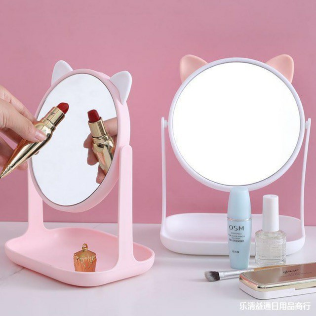 Gương công chúa tai mèo và tai thỏ để bàn xoay 360 độ-Gương trang điểm