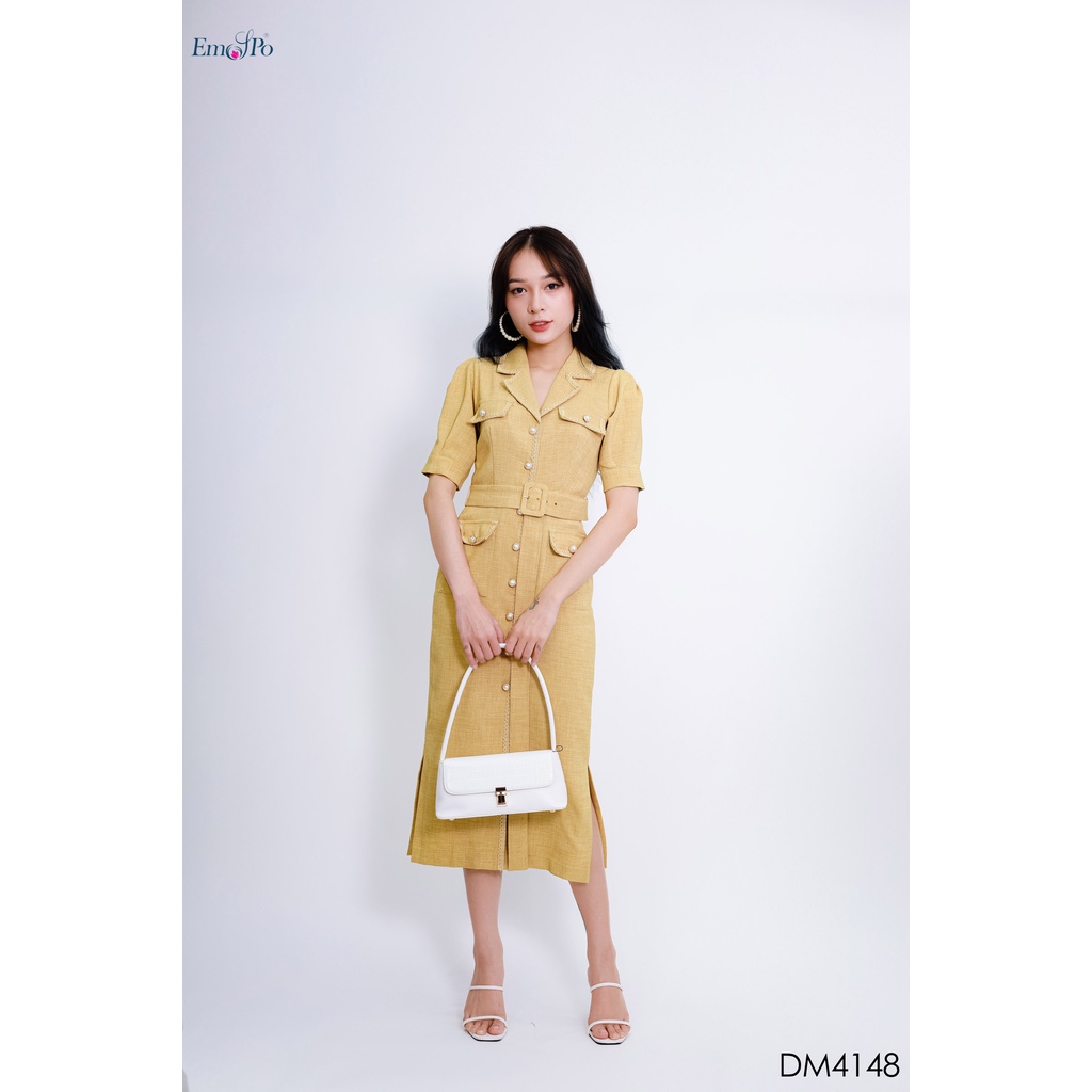 Đầm cổ vest Emspo viền ruy băng, nắp túi giả, đia eo rời DM4148
